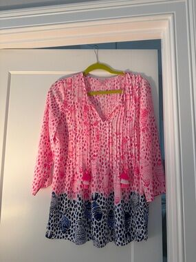 Lilly Pulitzer Pink and Navy Printed Tassel Tunic Top
